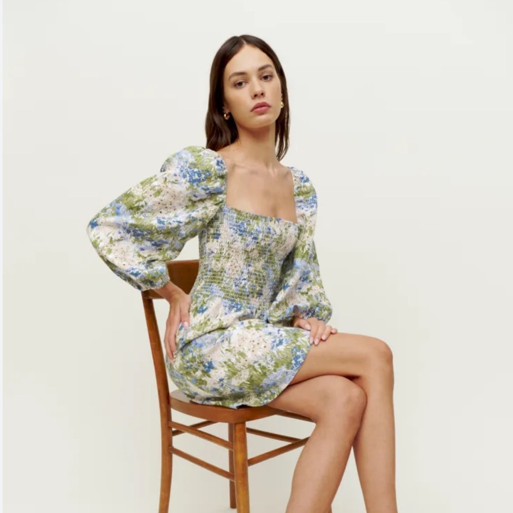 LAST CHANCE Reformation Greyson Hillside Floral Linen Mini Dress
